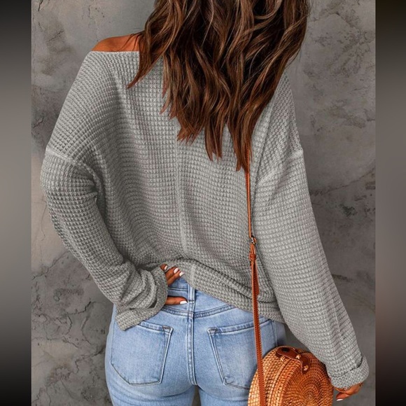 Cozy Waffle Knit Notched Neck Long Sleeve Top - Picture 6 of 7